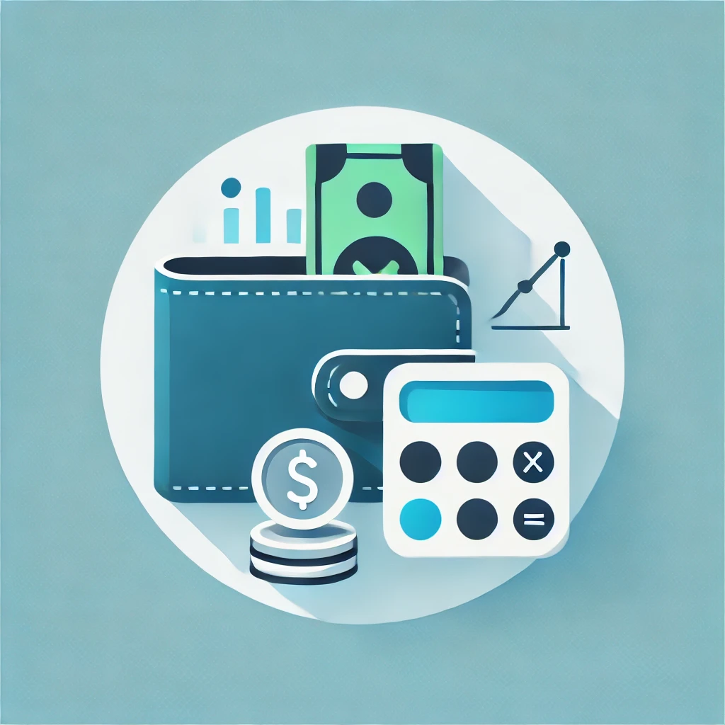 Finanz-Icon mit Geldbörse, Taschenrechner und Münzen.