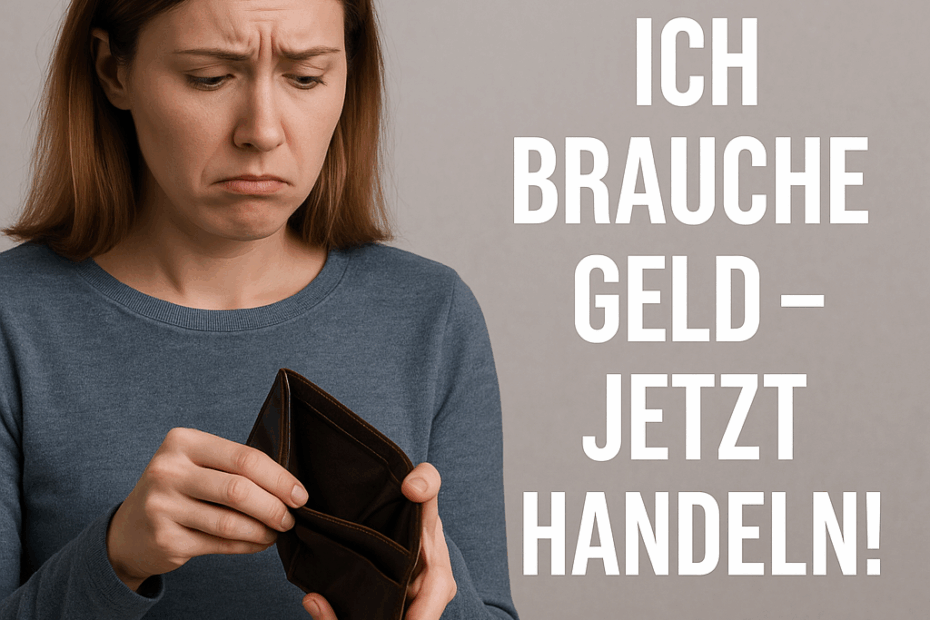 Junge Frau mit leerer Geldbörse und besorgtem Blick, Text: „Ich brauche Geld – jetzt handeln!“
