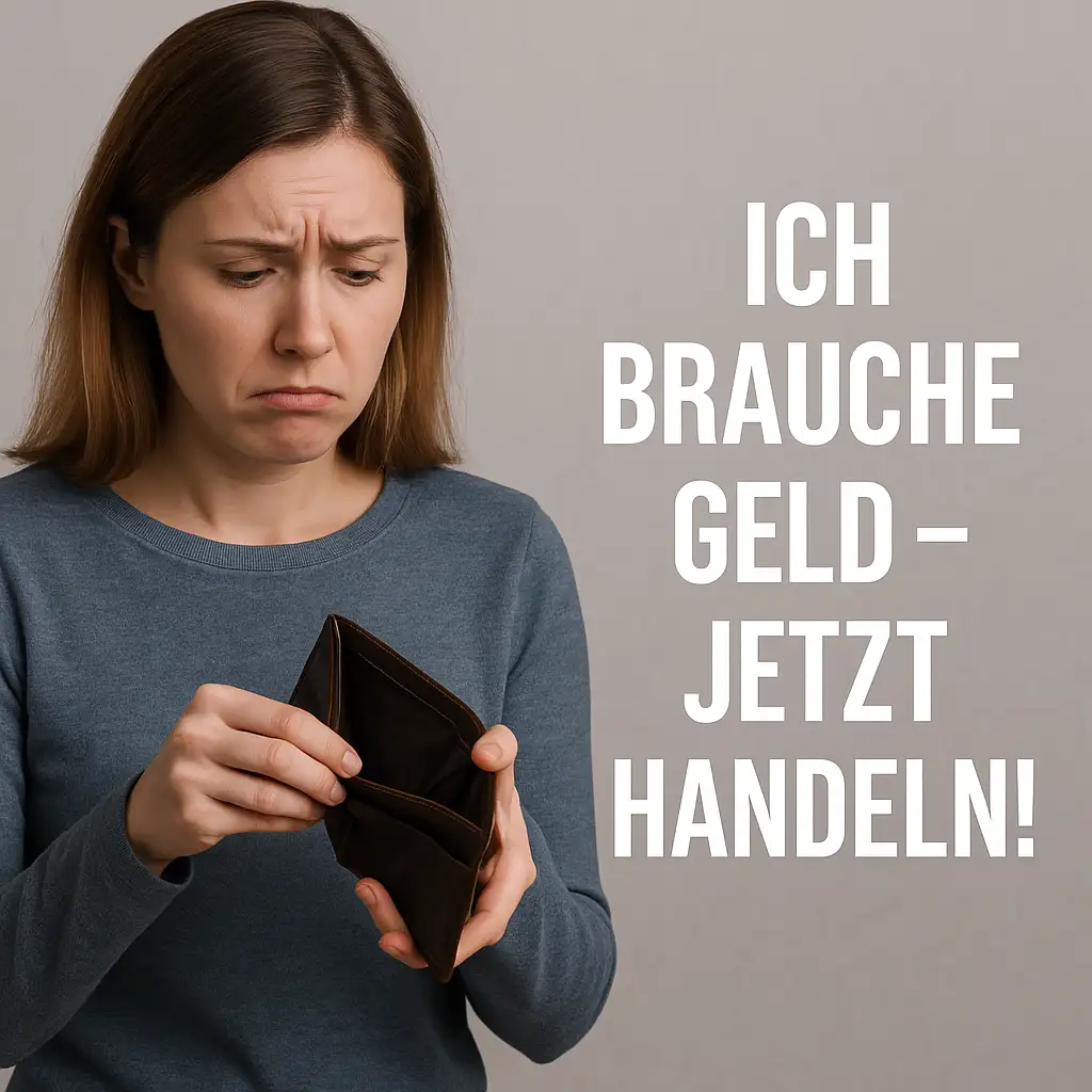Ich brauche Geld Frau mit leerer Geldbörse und besorgtem Blick
