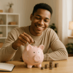 Person spart Geld im Alltag mit einem Sparschwein - die besten Spartipps!