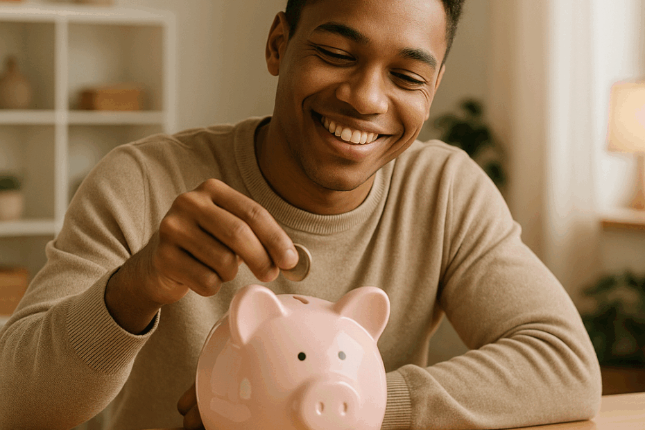 Person spart Geld im Alltag mit einem Sparschwein - die besten Spartipps!