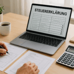 Person macht Steuererklärung am Laptop mit Unterlagen und Kaffee.