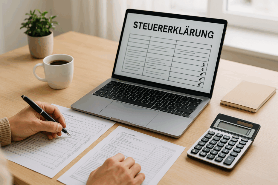 Person macht Steuererklärung am Laptop mit Unterlagen und Kaffee.