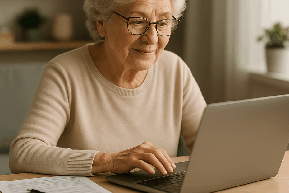 Ältere Frau macht Steuererklärung am Laptop