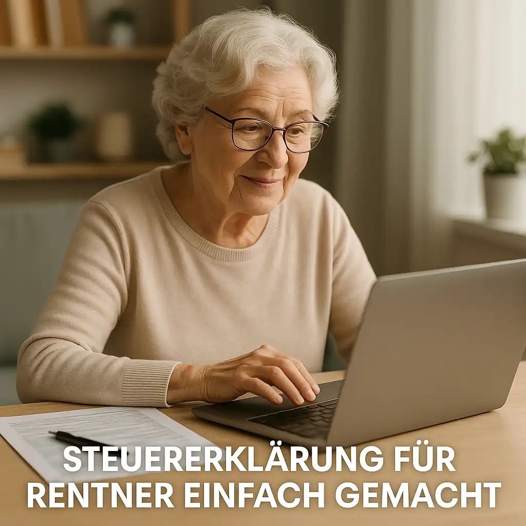 Steuererklärung für Rentner mit Unterlagen, Tipps und Rechner am Tisch
