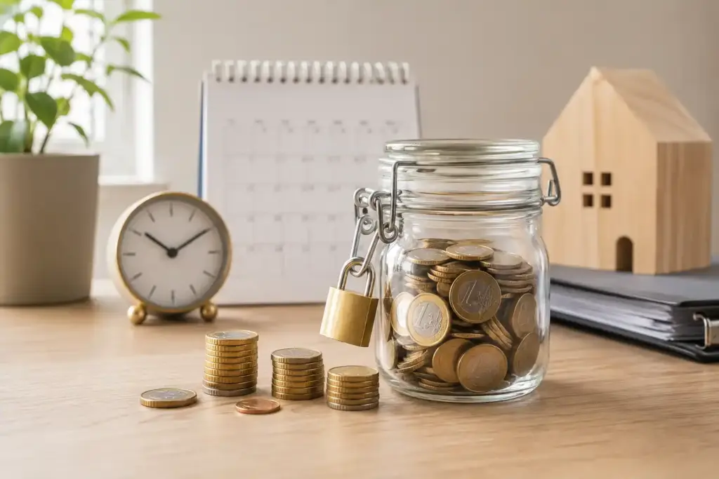 Festgeld mit verschlossenem Sparglas, Münzen, Uhr und Kalender als Symbol für feste Laufzeiten