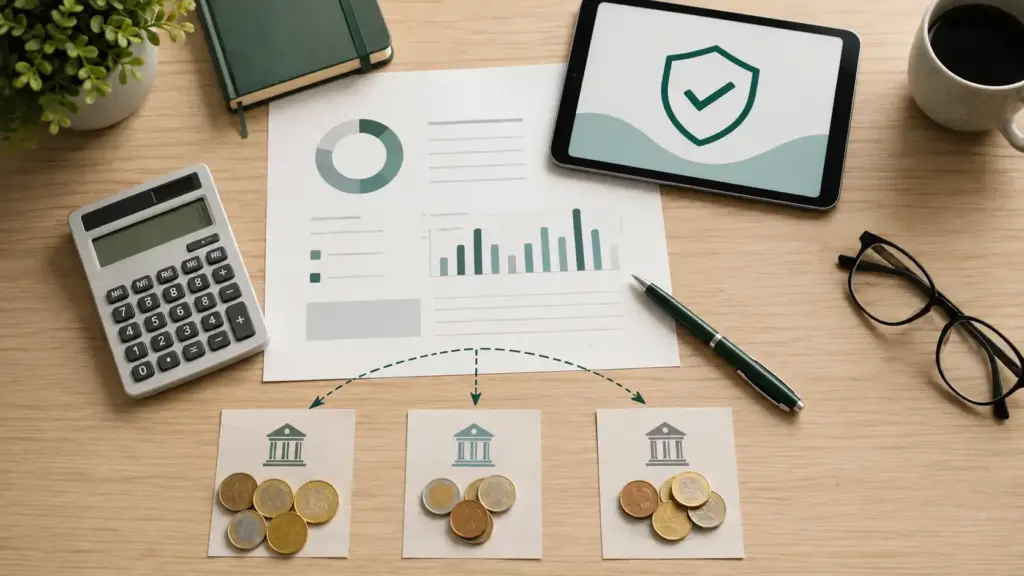 Freistellungsauftrag auf mehrere Banken verteilen mit Rechner, Euro-Münzen und Finanzübersicht