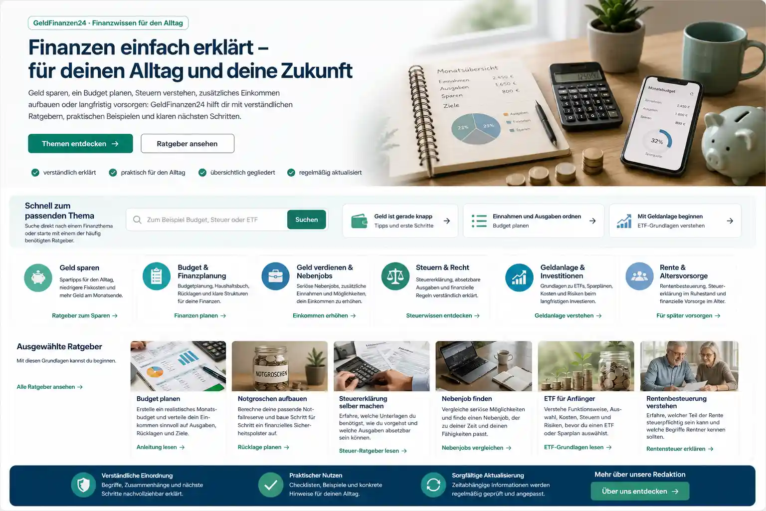 Finanzplanung mit Budgetübersicht, Taschenrechner, Smartphone, Münzen und Sparschwein