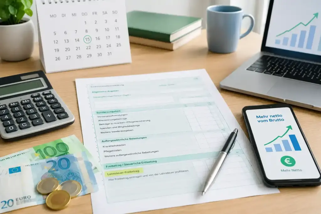 Lohnsteuer-Freibetrag mit Steuerformular, Taschenrechner, Kalender und Smartphone