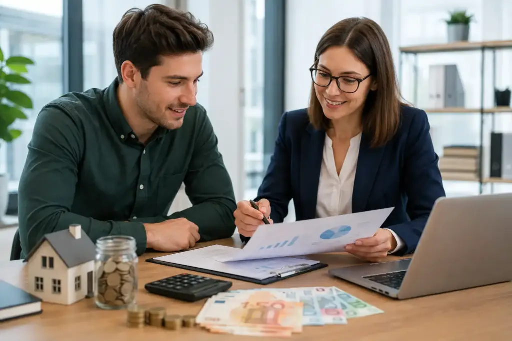 Beratung zu vermögenswirksamen Leistungen mit Unterlagen, Geld und Hausmodell